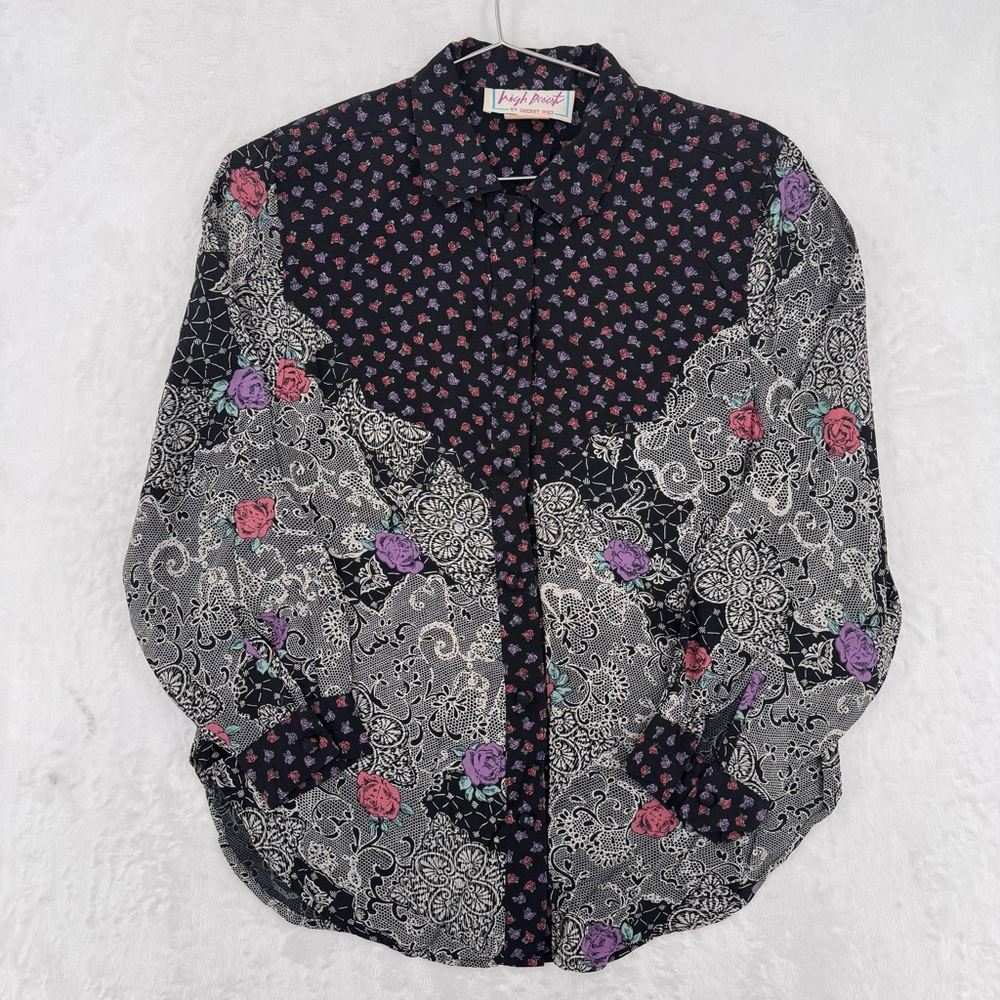Rose and Lace Print Top Vintage 90s Sherry Holt Top Made in USA Whimsigoth Boho